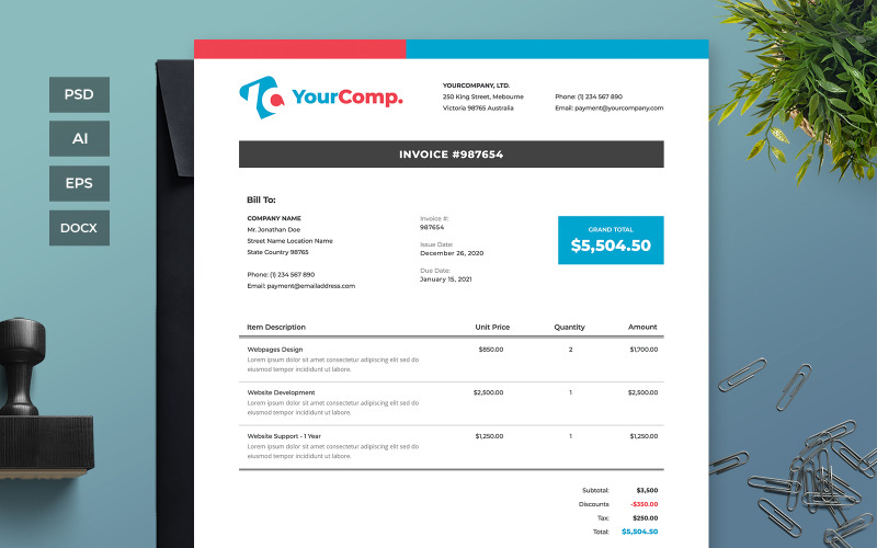 Download Фирменный стиль "Professional and Clean Invoice - Corporate Identity Template" / Professional and Clean Invoice - Corporate Identity Template - Фирменный стиль на тему графика business,corporate,payment,bank,account,invoice,bill,paper,finance,form,table,accounting,document,transfer,money,report,clean,professional
