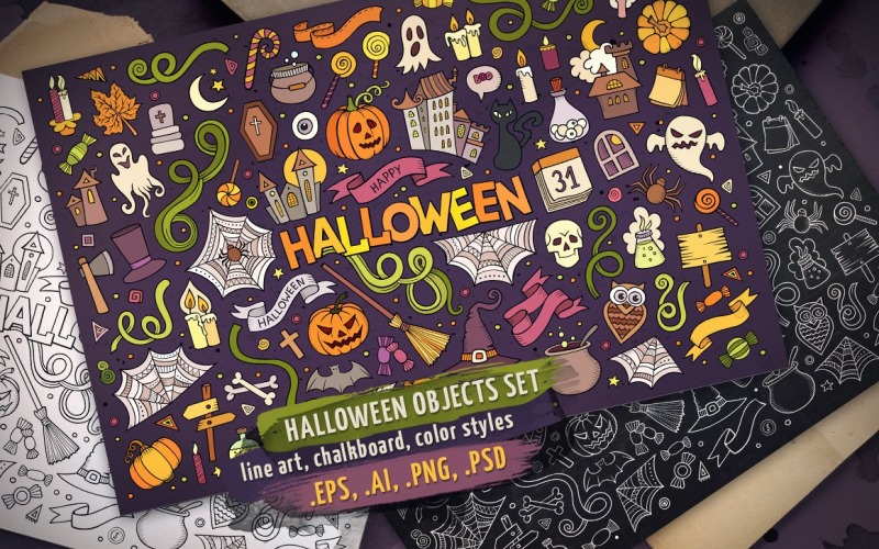 Zestaw obiektów i symboli Halloween - grafika wektorowa
