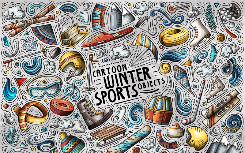 Conjunto de objetos de dibujos animados de deportes de invierno - Imagen vectorial