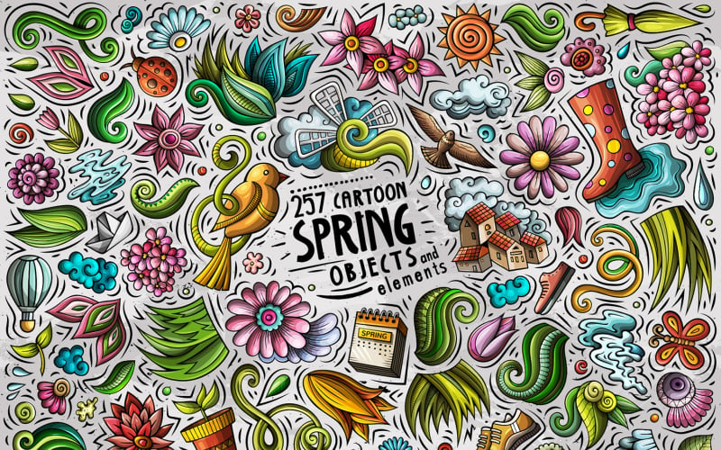 Conjunto de objetos de dibujos animados de primavera - Imagen vectorial