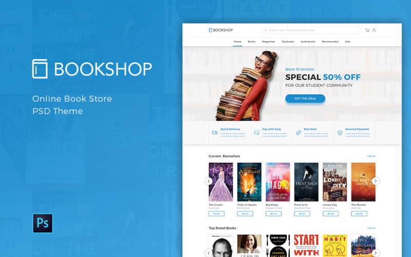 Книжный магазин - PSD шаблон интернет-магазина книг