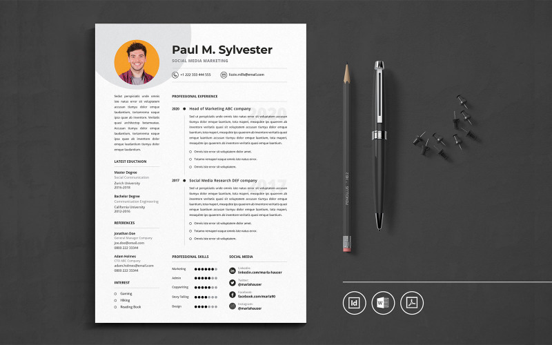 Download Резюме "Professional CV Indesign Vol.19 Resume Template" / Professional CV Indesign Vol.19 Resume Template - Резюме на тему графика resume,cv,minimalist,professional,modern,clean,minimal,business,hiring,apply,job,entrepreneur,indesign,word,pdf