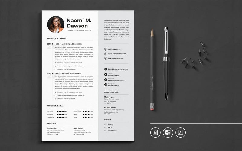 Download Резюме "Professional CV Indesign Vol.20 Resume Template" / Professional CV Indesign Vol.20 Resume Template - Резюме на тему графика resume,cv,minimalist,professional,modern,clean,minimal,business,hiring,apply,job,entrepreneur,indesign,word,pdf