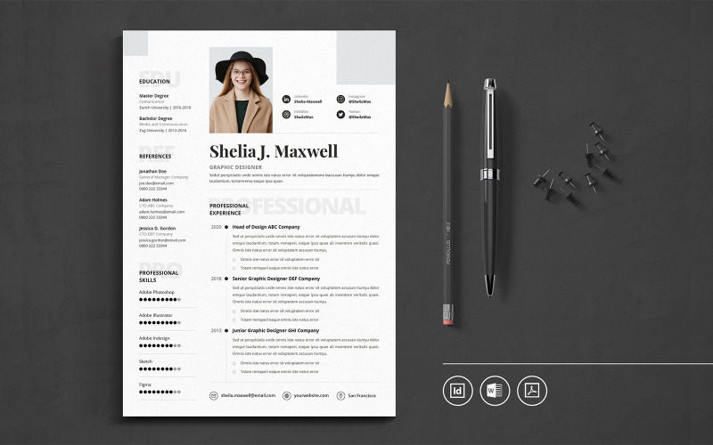 Download Резюме "Professional CV Indesign Vol.23 Resume Template" / Professional CV Indesign Vol.23 Resume Template - Резюме на тему графика resume,cv,minimalist,professional,modern,clean,minimal,business,hiring,apply,job,entrepreneur,indesign,word,pdf