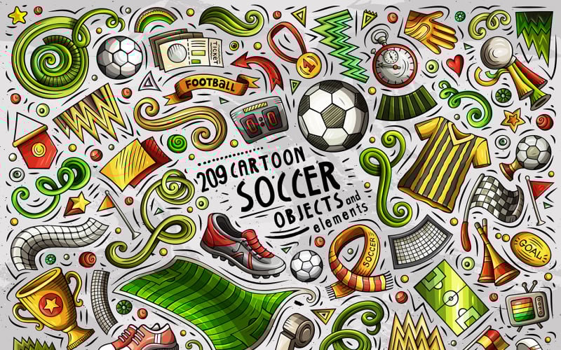 Download Vector "Soccer Cartoon Doodle Objects Set - Vector Image" / Soccer Cartoon Doodle Objects Set - Vector Image - Vector на тему графика fun,hand-drawn,doodles,vector,art,collection,clipart,style,sports,3d,clip art,creative,png,psd,green,club,grid,team,shoes,game,icon,cartoon,funny,ball,football,flag,soccer,goal,award,set,stop