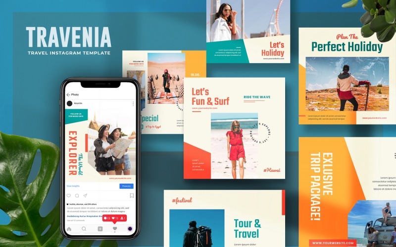 Download Шаблон для соцсетей "Travenia - Travel Instagram Post Template for Social Media" / Travenia - Travel Instagram Post Template for Social Media - Шаблон для соцсетей на тему графика creative,instagram,post,feed,explorer,adventure,travel,outdoor,nature,journey,vacation,summer,trip,mountain,backpack