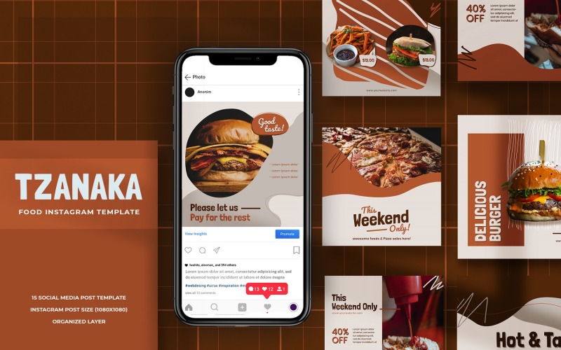 Download Шаблон для соцсетей "Tzanaka - Fast Food Instagram Post Template for Social Media" / Tzanaka - Fast Food Instagram Post Template for Social Media - Шаблон для соцсетей на тему графика instagram,post,igfeed,feed,food,fast,dish,cooking,cafe,burger,cuisine,snacks,dessert,restaurant