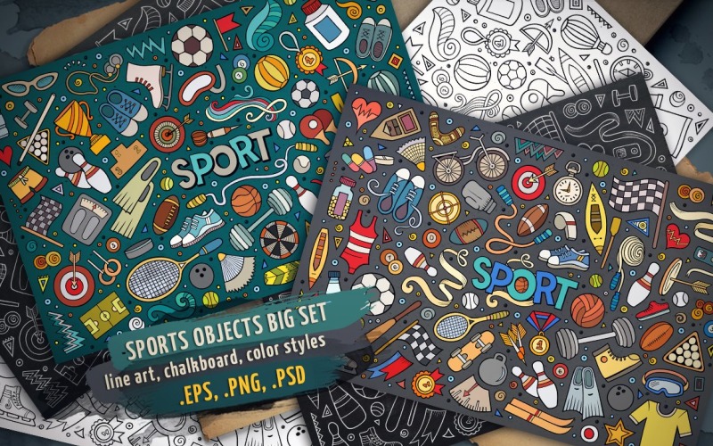 Большой набор спортивных объектов и элементов - векторное изображение