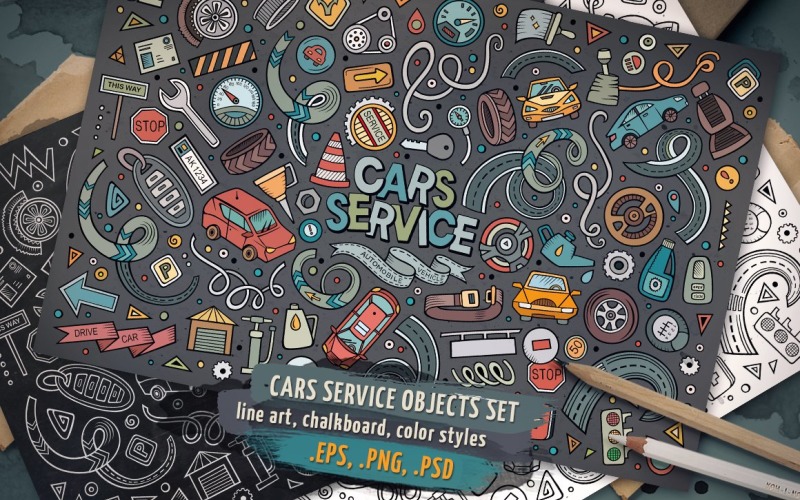 Cars Service Objects & Elements Set - Vector Image