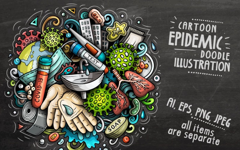 Download Иллюстрация "Cartoon Doodle Epidemic - Illustration" / Cartoon Doodle Epidemic - Illustration - Иллюстрация на тему графика card,illustration,poster,doodles,graffiti,creative,medical,coronavirus,covid-19,medicine,science,cartoon,world,pandemic,molecule,hands,covid,symbol,composition,design element,protection,flu,q