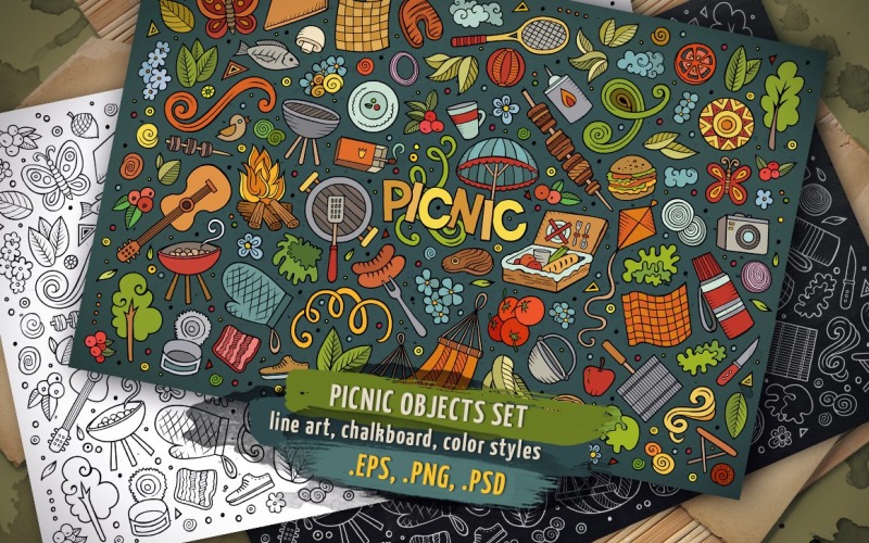 Conjunto de elementos y objetos de picnic - Imagen vectorial