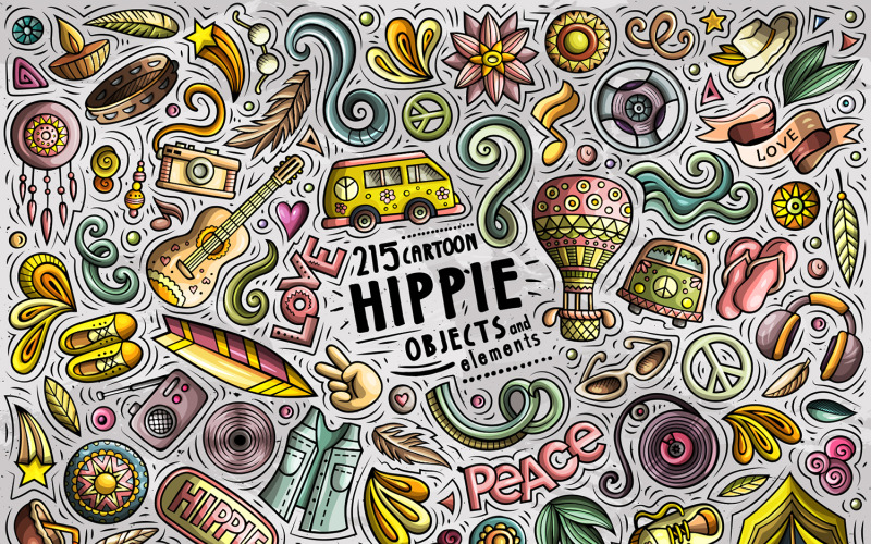 Conjunto de objetos de desenhos animados hippie - imagem vetorial
