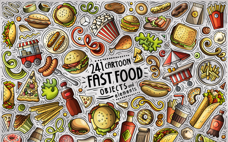 Conjunto de objetos de doodle de desenho animado de fast-food - imagem vetorial