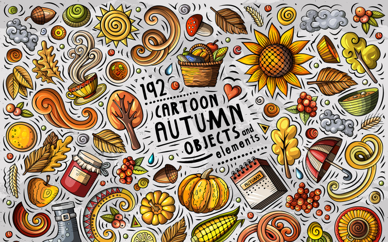 Conjunto de objetos de Doodle de dibujos animados de otoño - Imagen vectorial