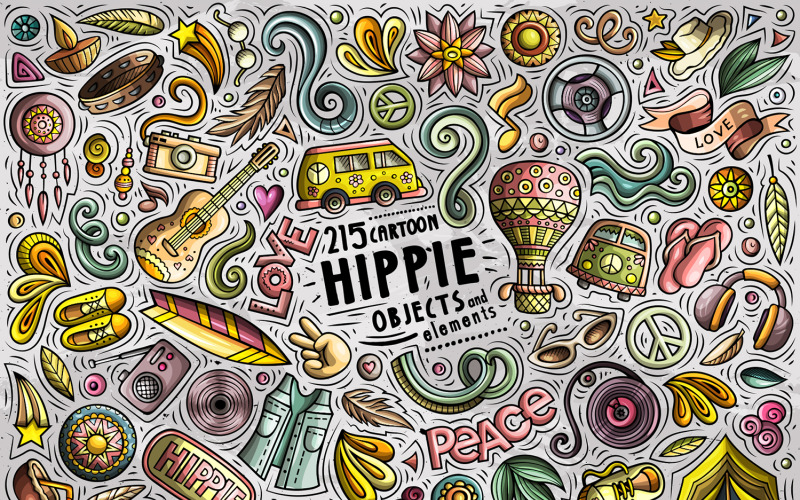 Conjunto de objetos de Doodle de dibujos animados hippie - Imagen vectorial