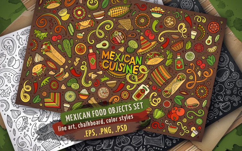 Conjunto de objetos e elementos de comida mexicana - imagem vetorial