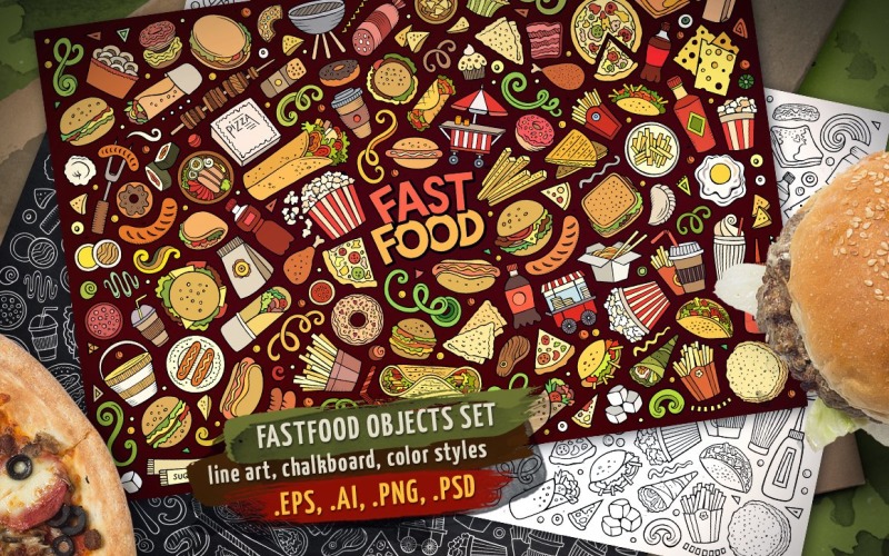 Conjunto de objetos e elementos de fast food - imagem vetorial