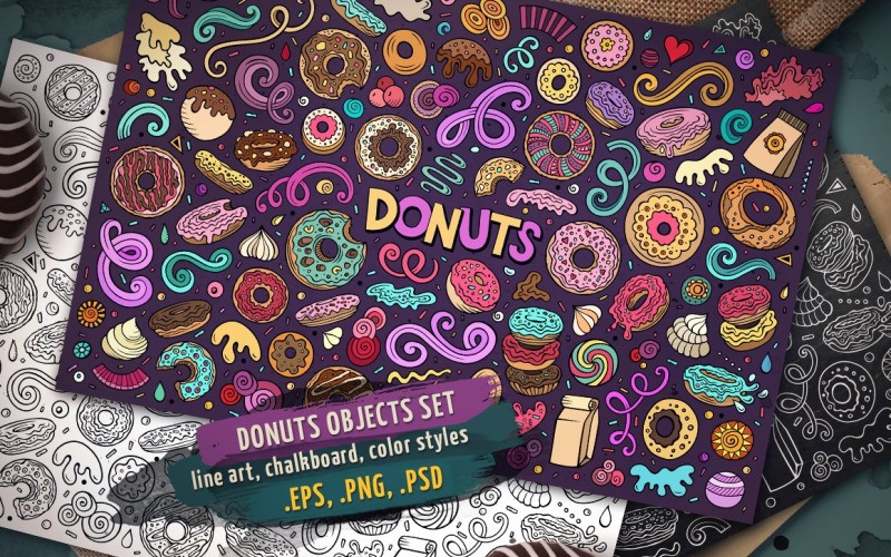 Conjunto de objetos e elementos de rosquinhas - imagem vetorial