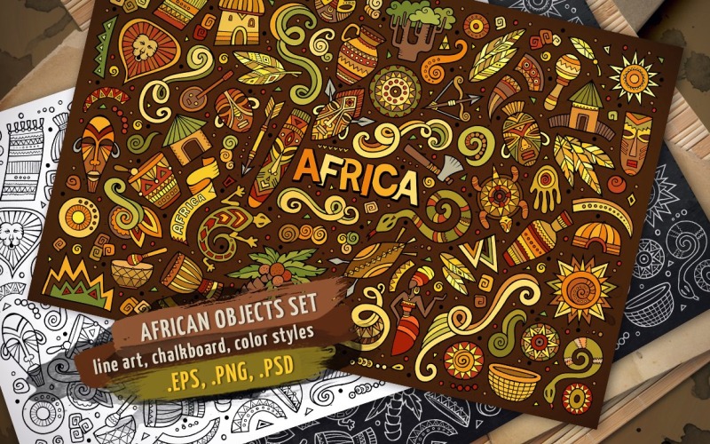 Conjunto de objetos y elementos de África - Imagen vectorial