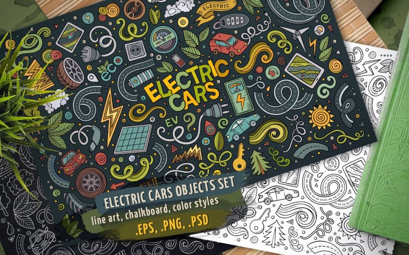 Elektrikli arabalar nesneler ve öğeler kümesi - vektör görüntü