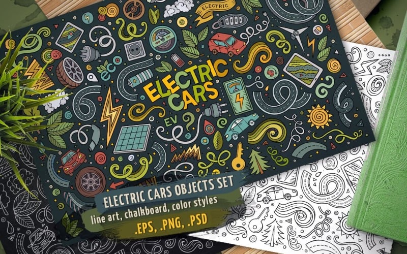Elektromos autók objektumok és elemek beállítása - vektor kép