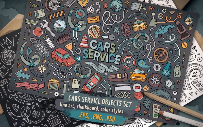 Ensemble d'objets et d'éléments de service de voitures - Image vectorielle
