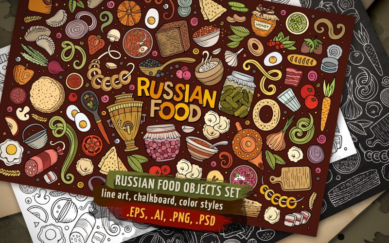 Ensemble d'objets et de symboles alimentaires russes - Image vectorielle
