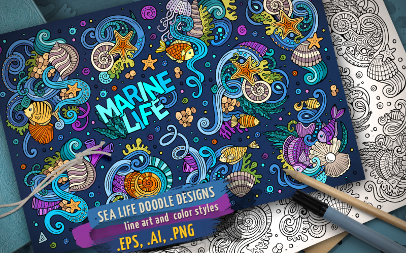 Ensemble de conceptions de doodles sous-marins - modèle d'identité d'entreprise