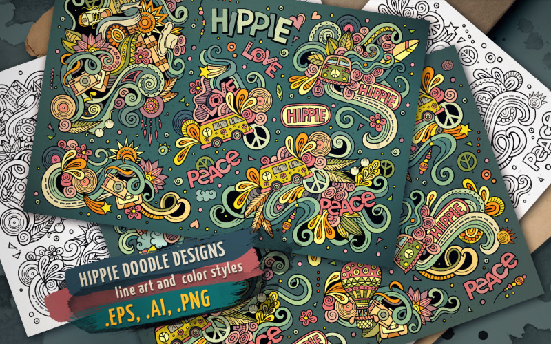 Ensemble de dessins hippie Doodles - modèle d'identité d'entreprise