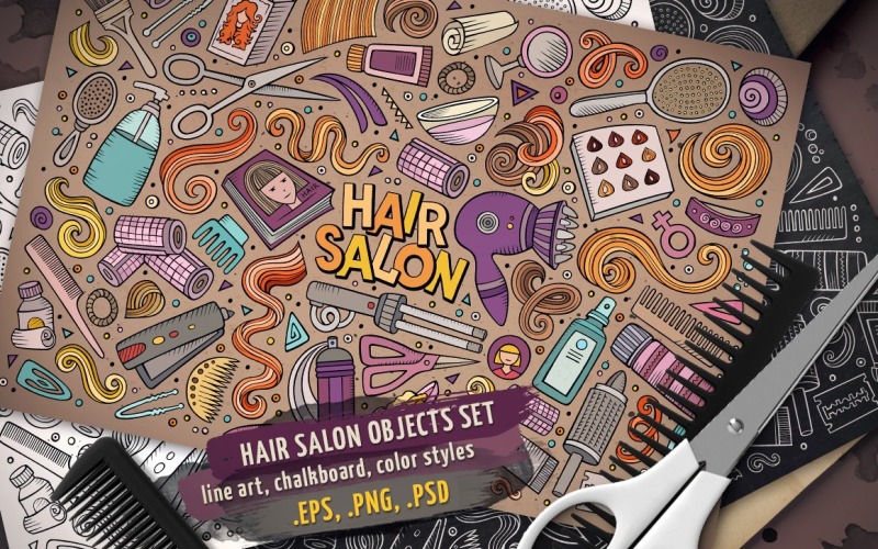 Download Vector "Hair Salon Objects & Elements Set - Vector Image" / Hair Salon Objects & Elements Set - Vector Image - Vector на тему графика brush,paint,fun,swirls,vintage,hand-drawn,bundle,sign,retro,fashion,doodles,decorative,vector,beauty,cosmetic,collection,female,clipart,abstract,style,barbershop,clip art,professional,png,psd