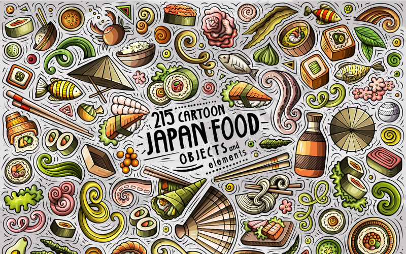 Japan Food Cartoon Doodle Objects Set - Vektorbild