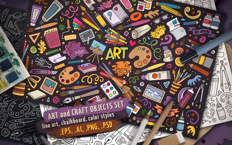 美术和工艺的对象与元素集-矢量图像