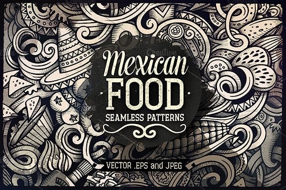 Мексиканская еда графика каракулей бесшовный фон
