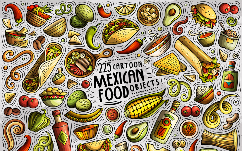 Набор объектов мексиканской еды мультфильм каракули - векторное изображение