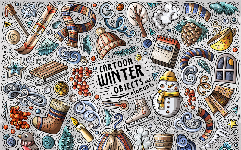 Набор объектов зимний сезон мультфильм каракули - векторное изображение