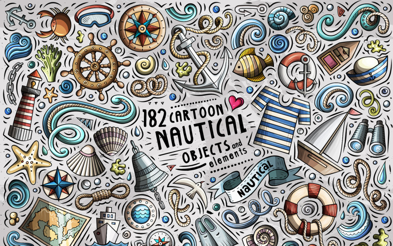 Námořní kreslený doodle objekty sada - vektorový obrázek