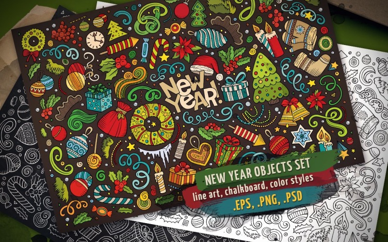 Neujahr Objekte & Elemente Set - Vektorbild