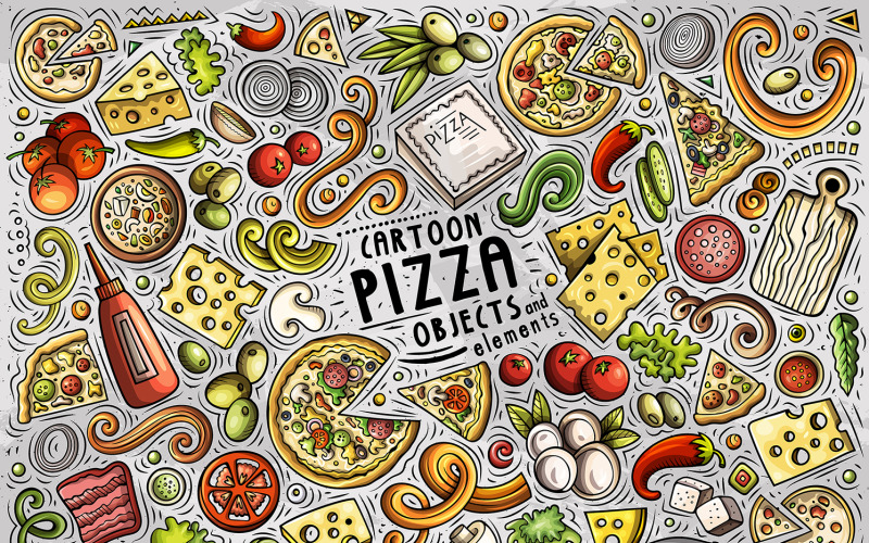 Пицца мультфильм каракули набор объектов - векторное изображение