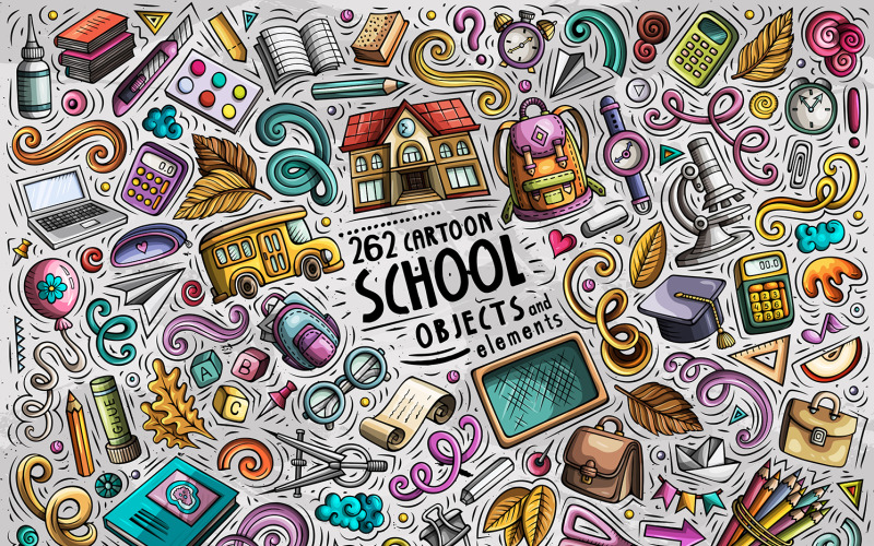 School Cartoon Doodle Objects Set - Vector Image