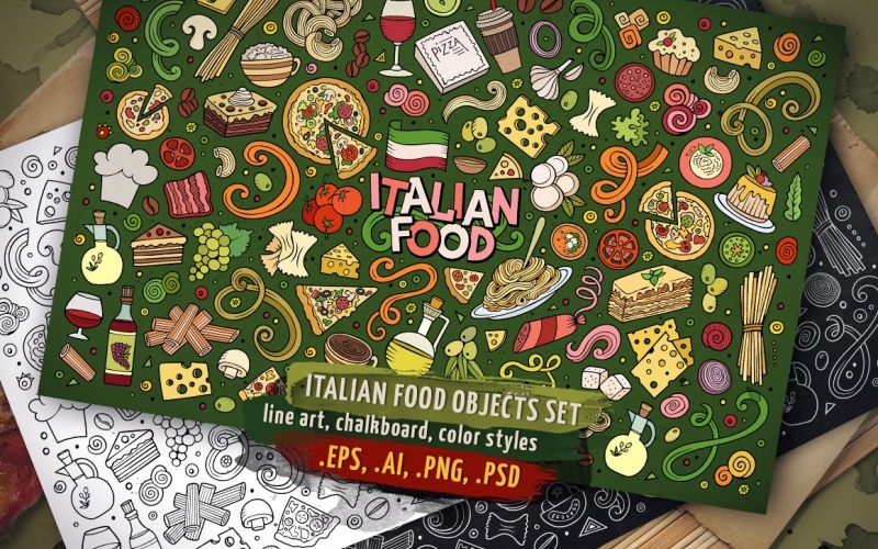 Set di oggetti e simboli di cibo italiano - immagine vettoriale