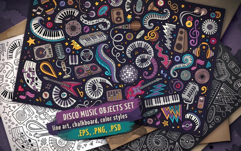 Set Disco Music Objects & Elements Set - Vector Image