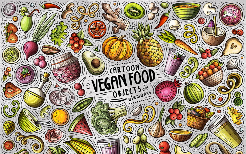 Vegan Gıda Karikatür Doodle Nesneleri Set - Vektör Görüntü