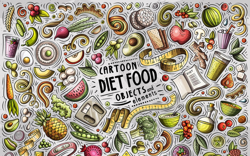 Conjunto de objetos de Doodle de dibujos animados de alimentos dietéticos - Imagen vectorial