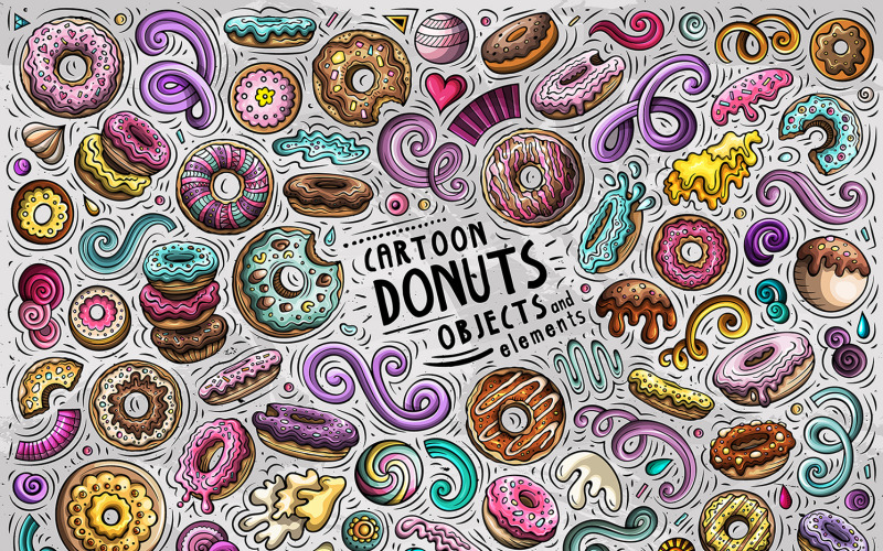 Conjunto de objetos de Doodle de dibujos animados de donas - Imagen vectorial