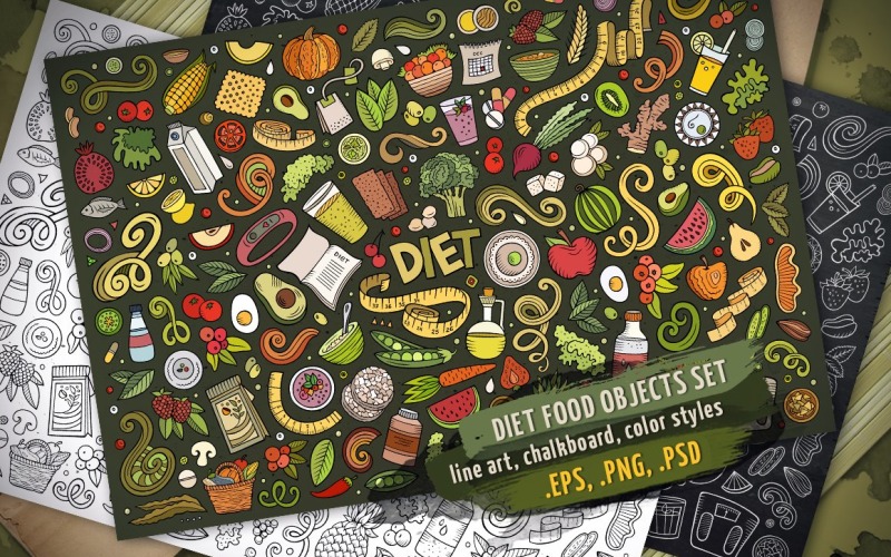 Conjunto de objetos e elementos de alimentos dietéticos - imagem vetorial