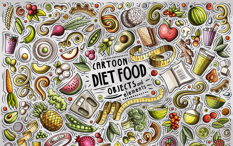 Diétás étel rajzfilm firka tárgyak beállítása - vektor kép