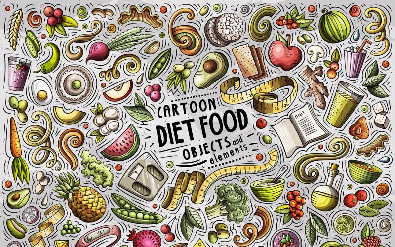 Diyet Yemek Karikatür Doodle Nesneleri Set - Vektör Görüntü