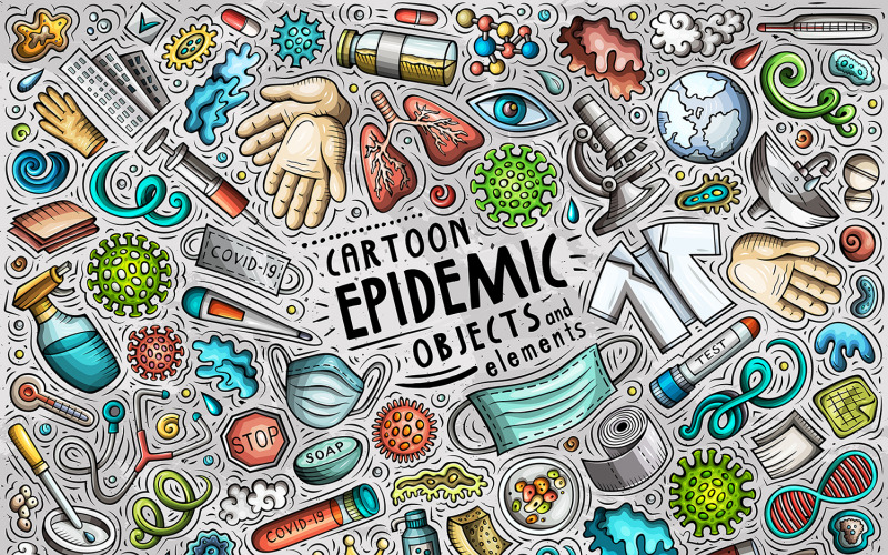 Epidemická karikatura doodle objekty sada - vektorový obrázek