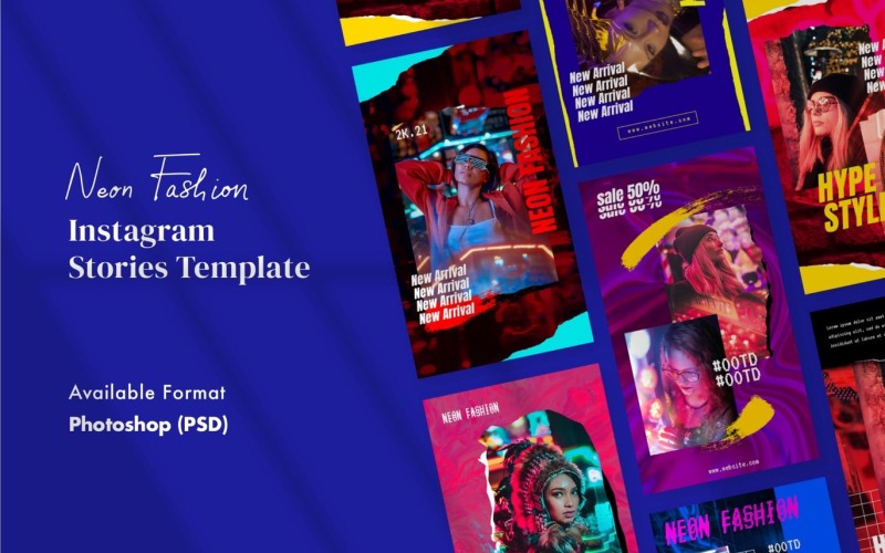 Download Шаблон для соцсетей "Neon Fashion Instagram Stories Template PSD for Social Media" / Neon Fashion Instagram Stories Template PSD for Social Media - Шаблон для соцсетей на тему графика instagram,story,stories,fashion,promotion,elegant,beauty,modern,psd,shop,company,corporate,photoshop