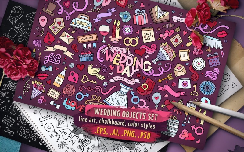 ♥ Obiekty ślubne i zestaw symboli - grafika wektorowa